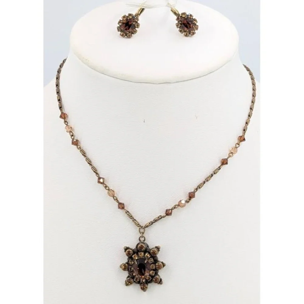 Liz Palacios Amber Crystal Necklace Earrings Set Gold Tone Signed 16 Inch Glam